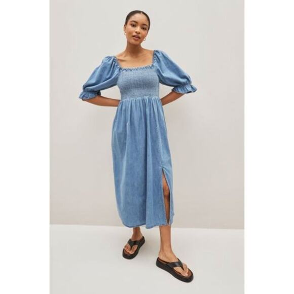 GAP Puff Sleeve Square Neck Denim Midi Dress Women's XXL Medium Wash New with Ta - Picture 2 of 8